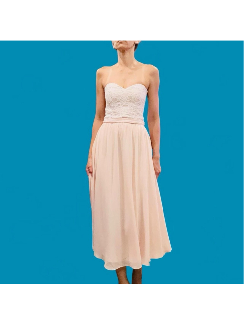 Mori Lee Strapless Lace Chiffon Blush Pink Tea Length Formal Dress Size Unknown